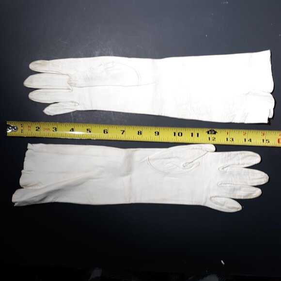 White Kid Leather Gauntlet Gloves Sz 6.5 Vintage 1950 13.5" - Picture 4 of 5
